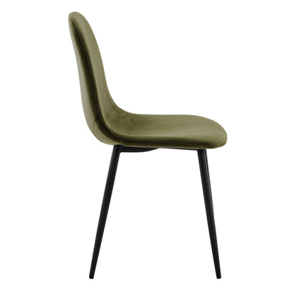 Halsa Velvet Fabric Classic Dining Chair Olive Set of 4, featuring plush velvet upholstery with black metal legs and armrests, designed for comfort and elegance in dining spaces.