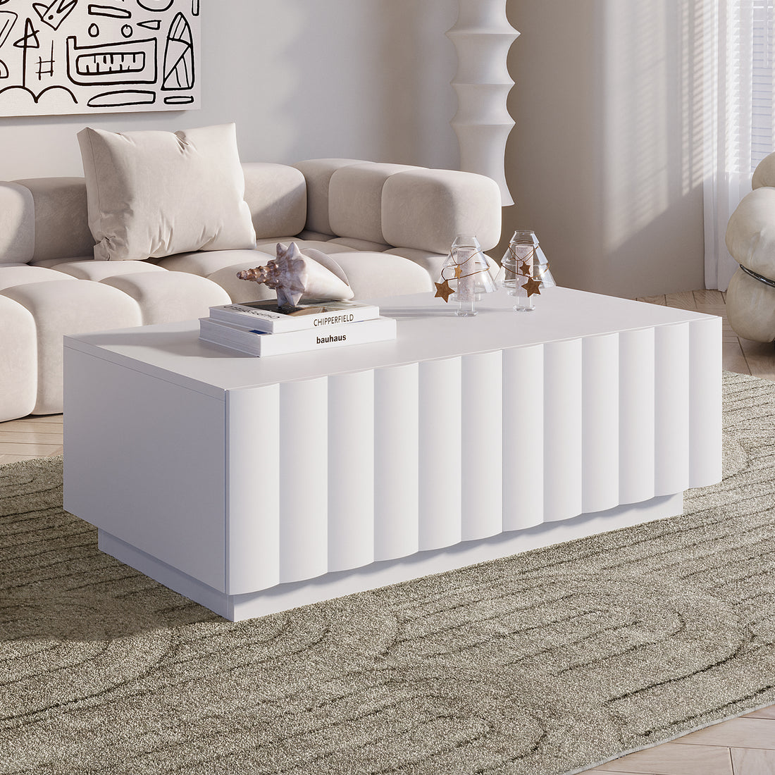 Hamish 120cm Coffee Table with Storage features a sleek wave design, large top surface, and two soft-close drawers, ideal for modern living rooms.