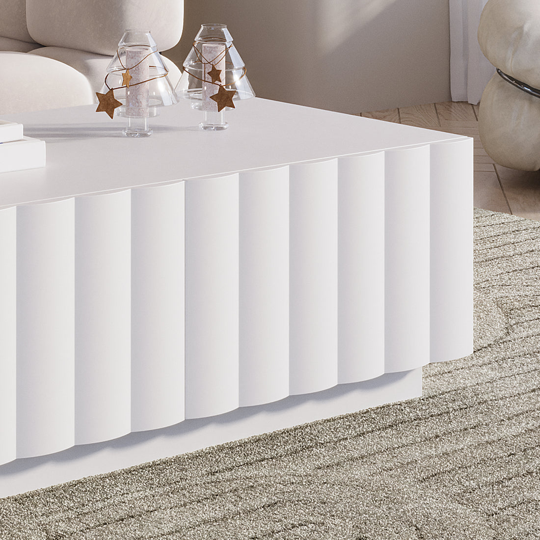 Hamish 120cm Coffee Table with Storage White, featuring a sleek wave design and two drawers, shown in a close-up highlighting its modern aesthetic and practical storage solutions for living rooms.