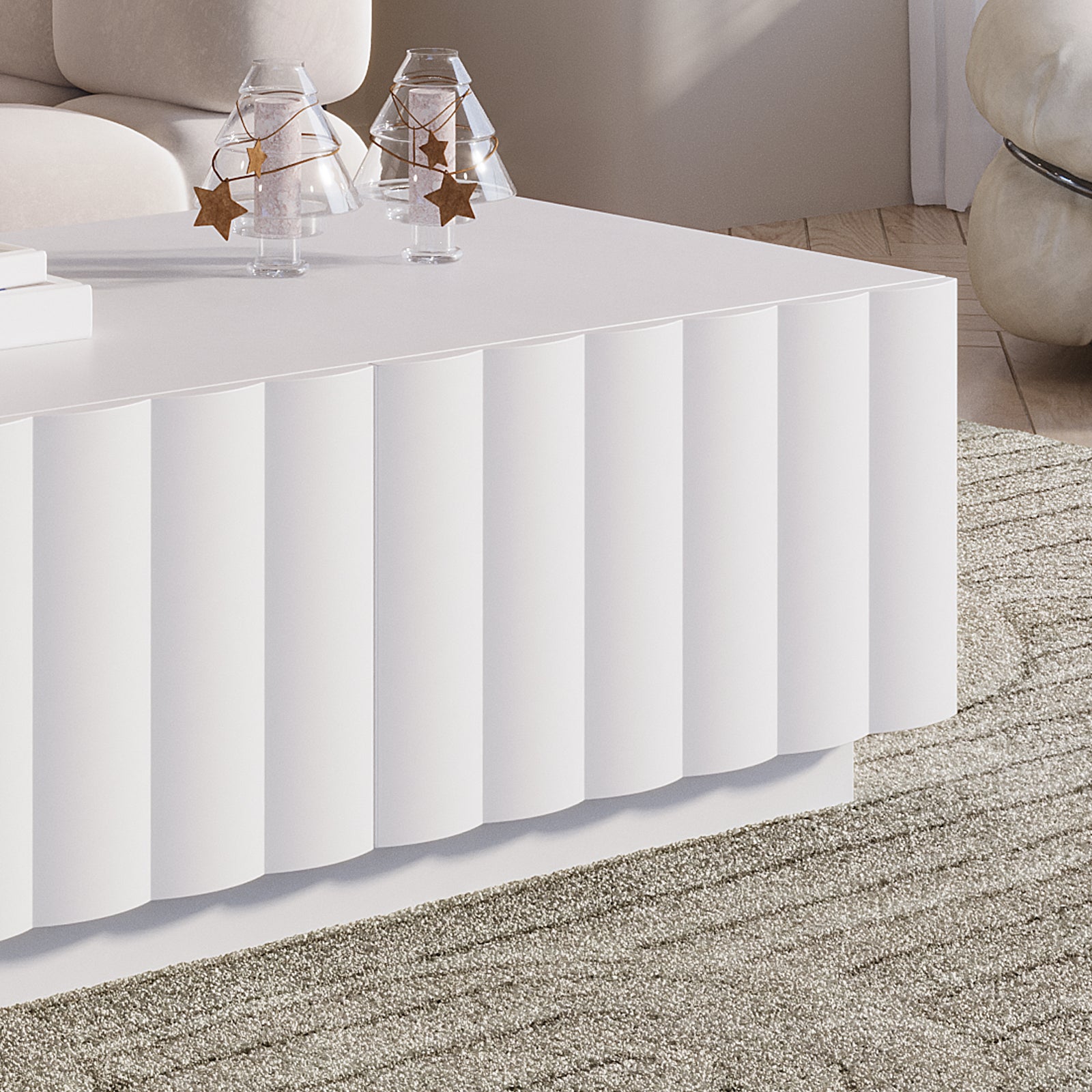 Hamish 120cm Coffee Table with Storage White, featuring a sleek wave design and two drawers, shown in a close-up highlighting its modern aesthetic and practical storage solutions for living rooms.