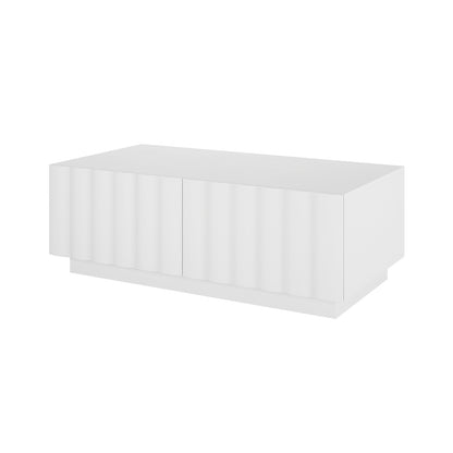 Hamish 120cm Coffee Table with Storage White, featuring a sleek wave design, black border, and practical handle, offering spacious top and two soft-close drawers for modern living room organization.