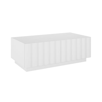 Hamish 120cm Coffee Table with Storage White, featuring a sleek wave design, large top, and two soft-close drawers, ideal for modern living rooms.