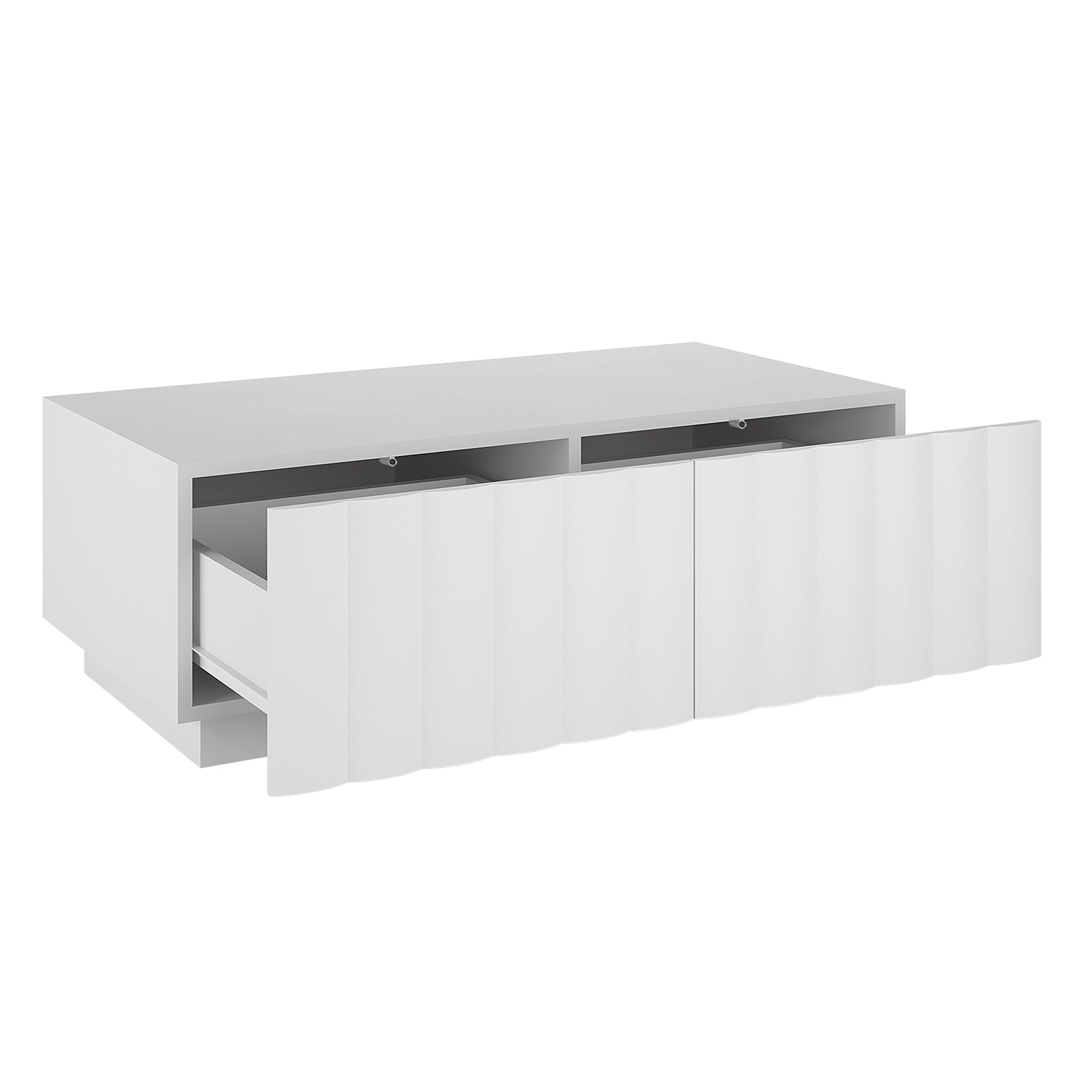 Hamish 120cm Coffee Table with Storage features sleek wave design, clean lines, and two drawers. Ideal for modern living rooms, showcasing ample top space for decor and essentials.