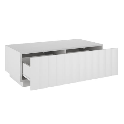 Hamish 120cm Coffee Table with Storage features sleek wave design, clean lines, and two drawers. Ideal for modern living rooms, showcasing ample top space for decor and essentials.