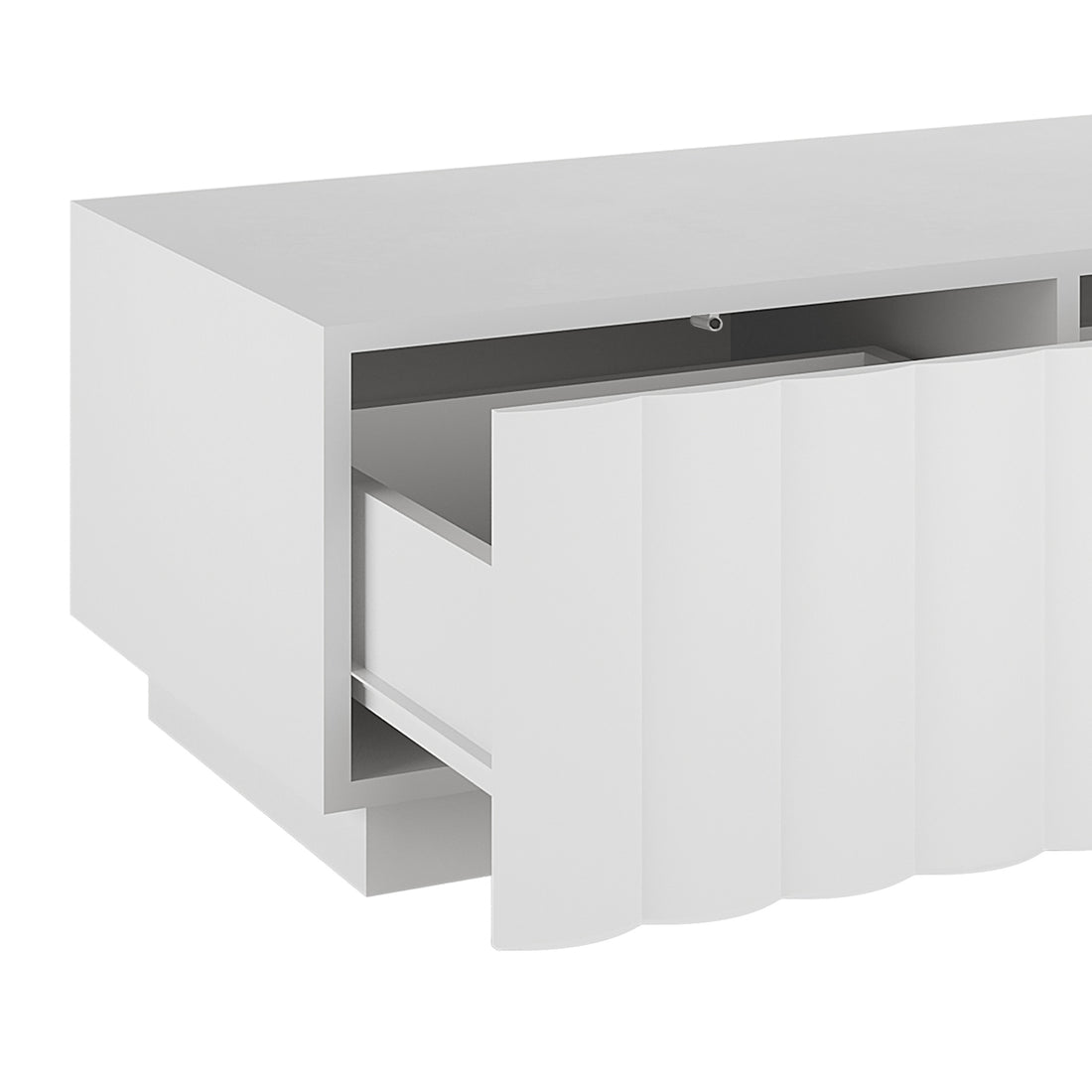 Hamish 120cm Coffee Table with Storage White features a sleek wave design, spacious top, and two drawers with soft close, perfect for modern living rooms with a functional, stylish touch.