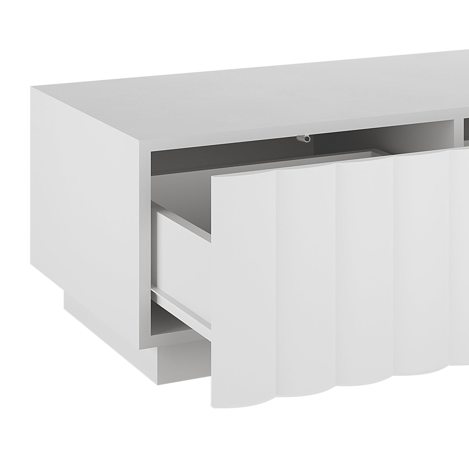 Hamish 120cm Coffee Table with Storage White features a sleek wave design, spacious top, and two drawers with soft close, perfect for modern living rooms with a functional, stylish touch.