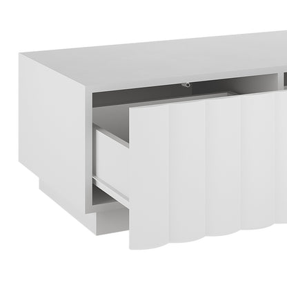 Hamish 120cm Coffee Table with Storage White features a sleek wave design, spacious top, and two drawers with soft close, perfect for modern living rooms with a functional, stylish touch.