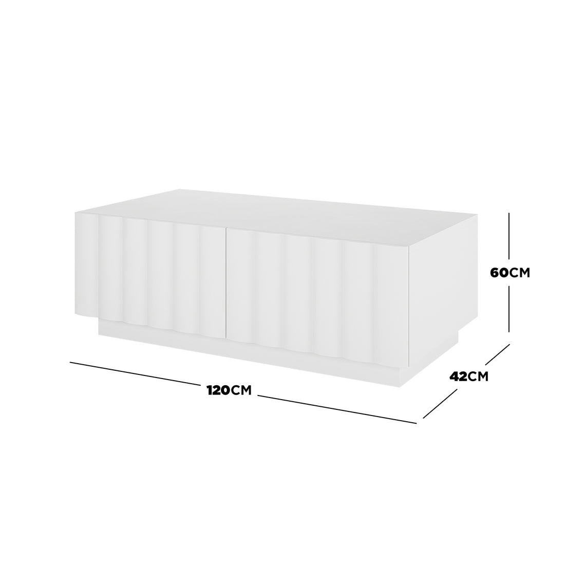Hamish 120cm Coffee Table with Storage White features a sleek rectangular design with a black border and handle, showcasing modern wave lines. Includes ample top space and two soft-close drawers for storage.