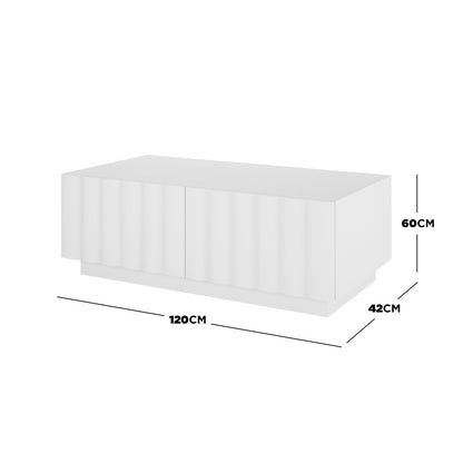 Hamish 120cm Coffee Table with Storage White features a sleek rectangular design with a black border and handle, showcasing modern wave lines. Includes ample top space and two soft-close drawers for storage.