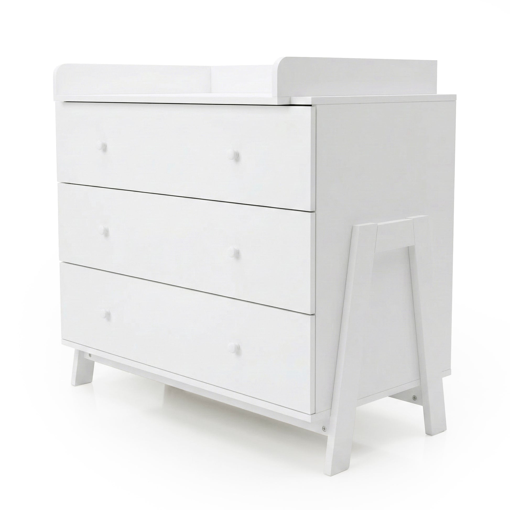 White three-drawer dresser with changing table on white background