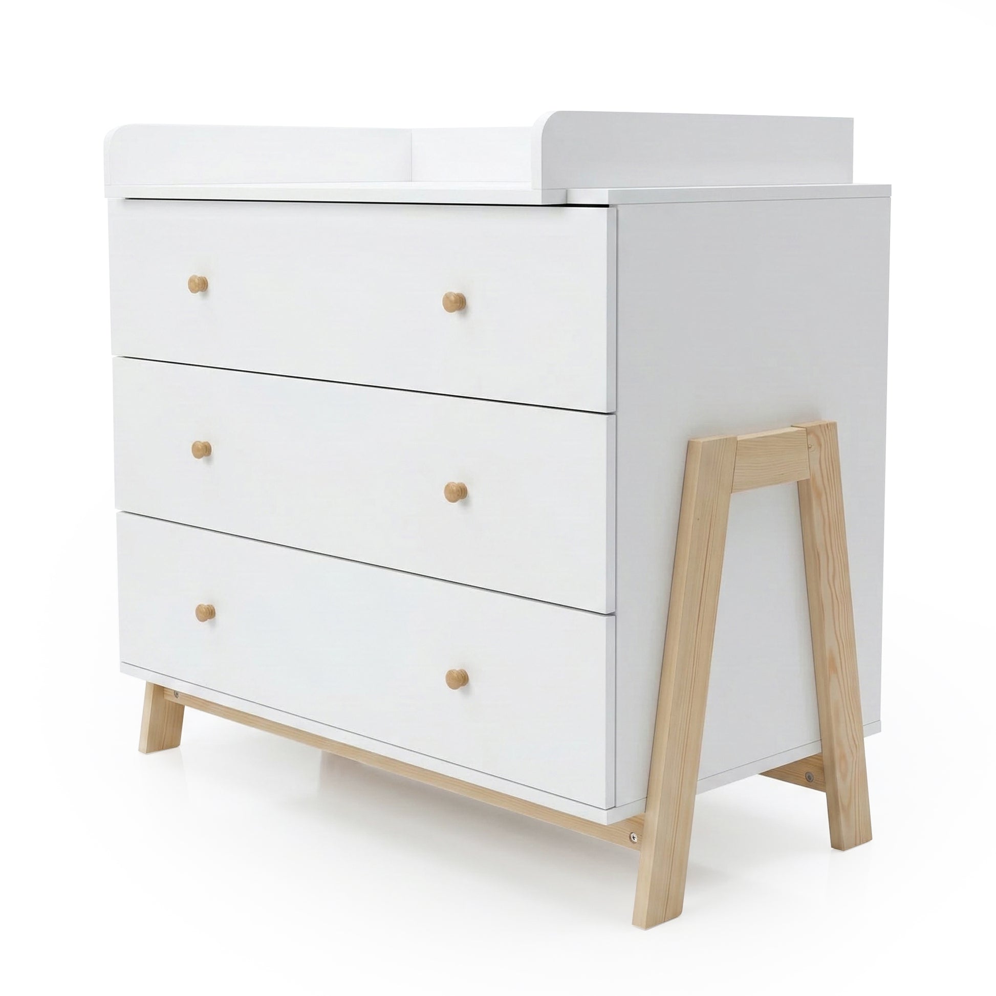 Modern white three-drawer dresser with natural wood accents on a white background