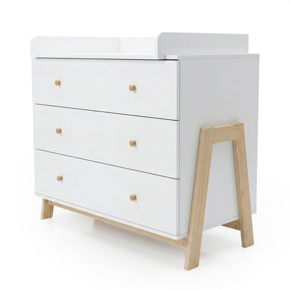Modern white three-drawer dresser with natural wood accents on a white background