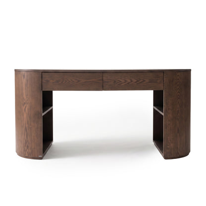 Full dark wood desk with rounded corners and open shelving on a white background