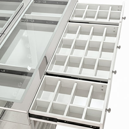 Ivy Diamond Crystal Mirror Finish Hollywood LED Vanity Table features a glass-topped compartment and three multi-drawer organizers, perfect for displaying and organizing jewelry or small parts.