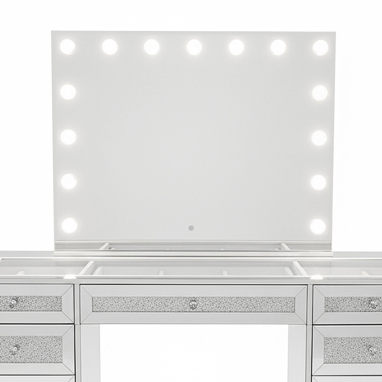 Ivy Diamond Crystal Mirror Finish Hollywood LED Vanity Table with mirrored drawers, sparkling diamond-crush details, large LED-lit mirror, and spacious glass-topped surface, perfect for a luxurious beauty routine.