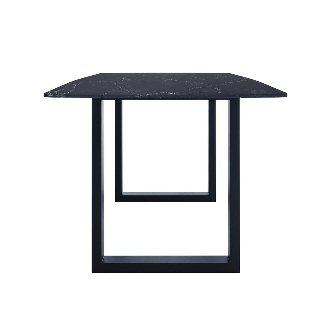 Jade 180cm Ceramic Porcelain Dining Table Black features a sleek, black marble-patterned top with geometric U-shaped metal legs, offering a modern, minimalist design suitable for various dining settings.