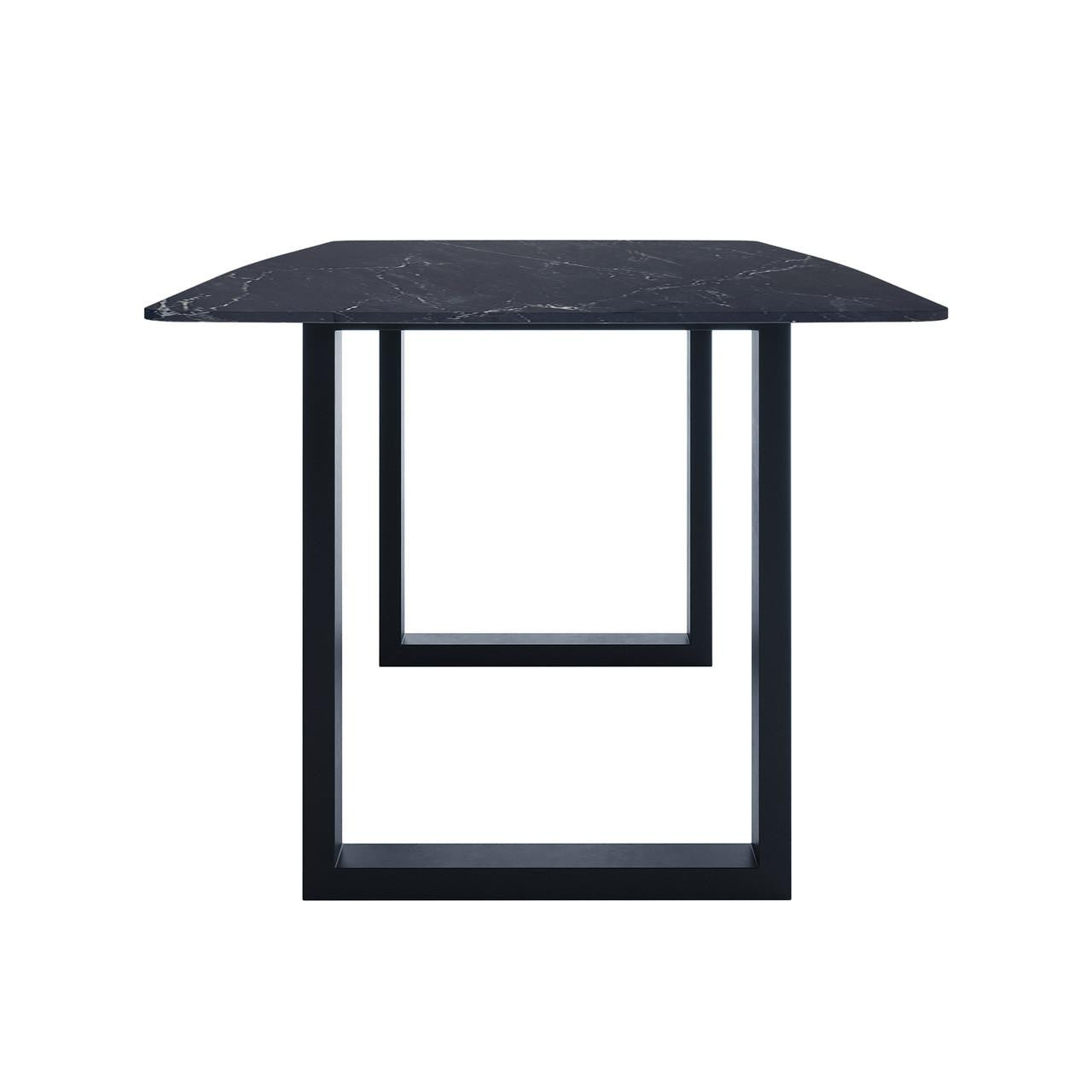 Jade 180cm Ceramic Porcelain Dining Table Black features a sleek, black marble-patterned top with geometric U-shaped metal legs, offering a modern, minimalist design suitable for various dining settings.