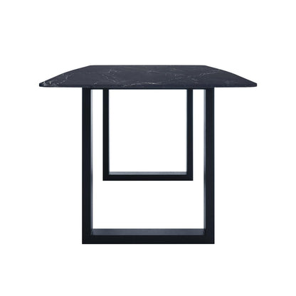 Jade 180cm Ceramic Porcelain Dining Table Black features a sleek, black marble-patterned top with geometric U-shaped metal legs, offering a modern, minimalist design suitable for various dining settings.