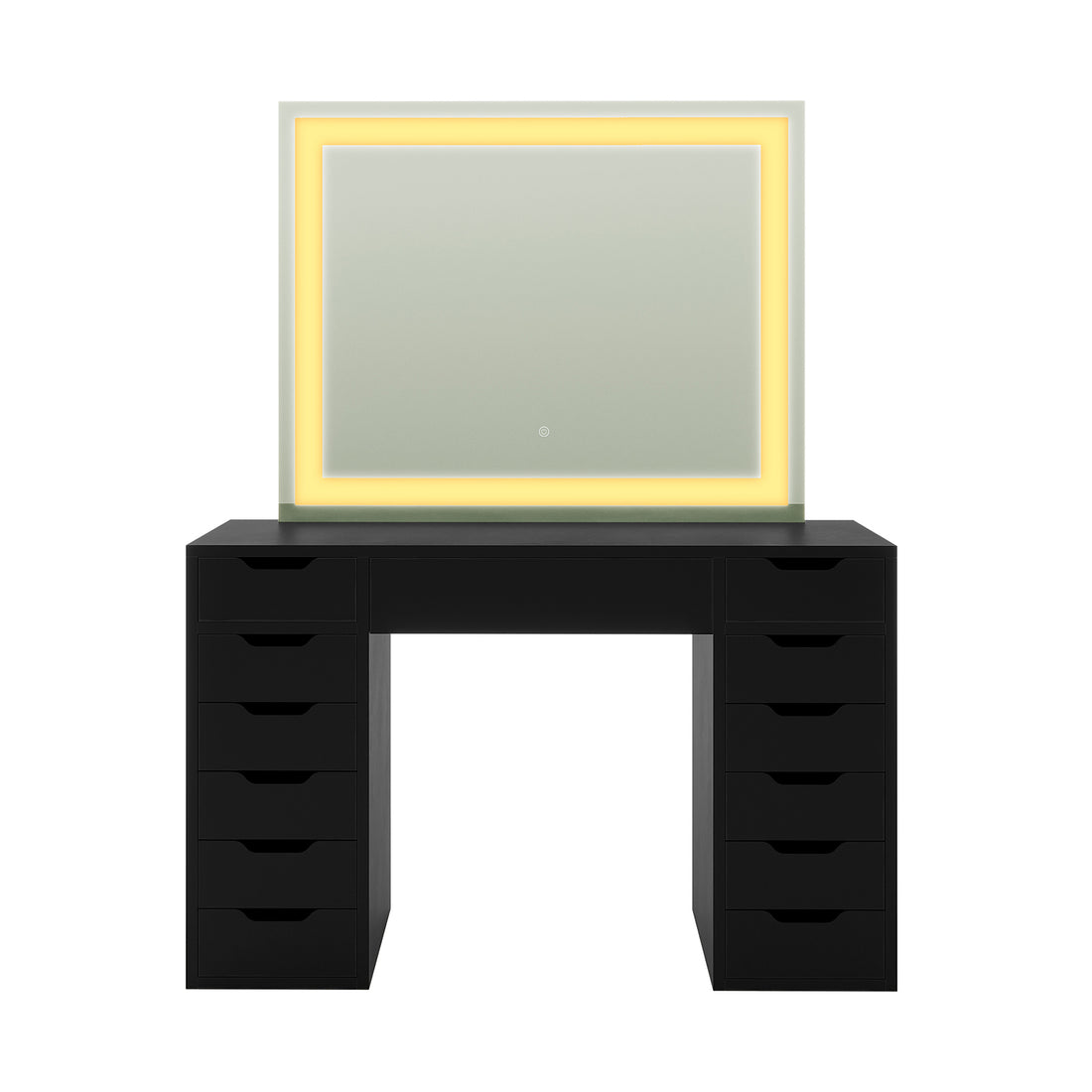 Janika Dressing Table with Storage & LED Lights in Black features a black tabletop, two drawer units, and a backlit LED mirror with touch controls, offering elegant style and ample storage.