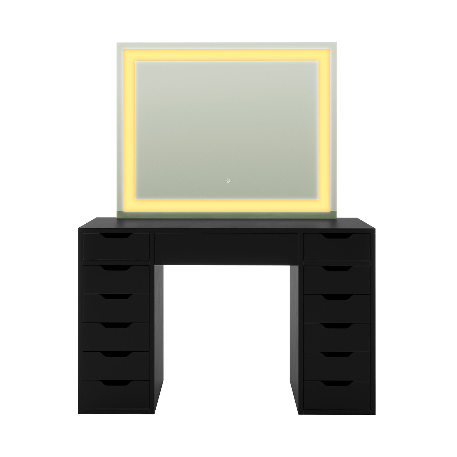 Janika Dressing Table with Storage & LED Lights in Black features a black tabletop, two drawer units, and a backlit LED mirror with touch controls, offering elegant style and ample storage.