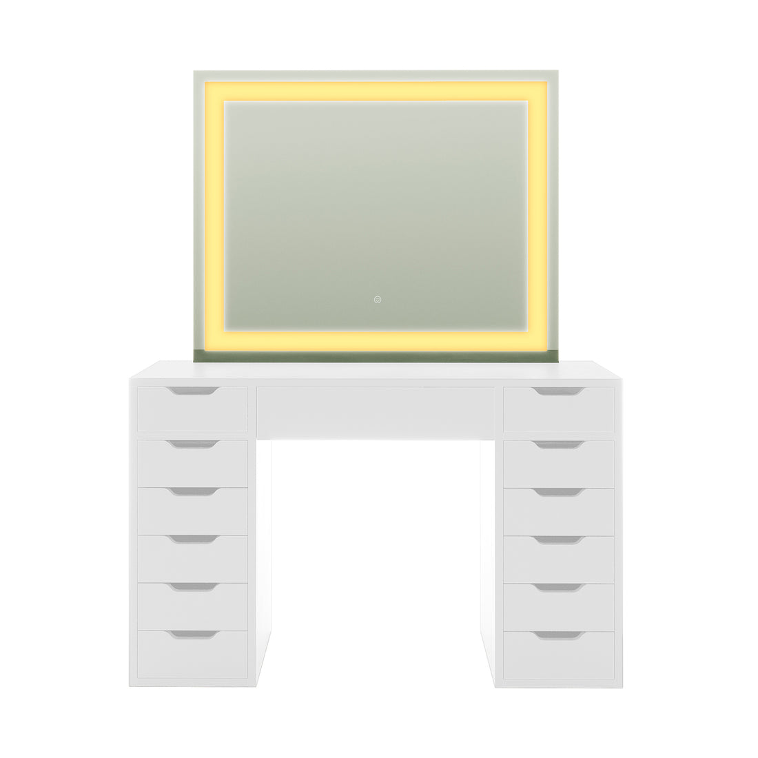 Janika Dressing Table with Drawers & LED Lights in White features stacked drawer columns, a spacious desktop, and a large mirror with warm LED lighting, perfect for stylish organization and grooming.