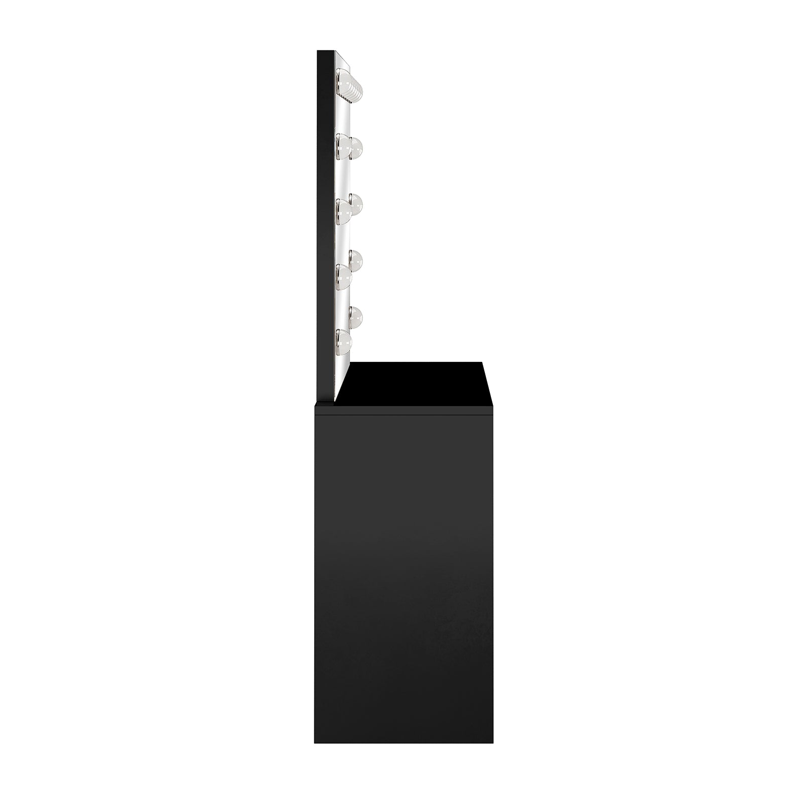 Jenna Hollywood LED Mirror Dressing Table - Black with a large mirror featuring 13 LED bulbs, minimalist design, and visible rectangular drawer handles, exemplifying sleek, modern storage and lighting features.