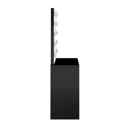 Jenna Hollywood LED Mirror Dressing Table - Black with a large mirror featuring 13 LED bulbs, minimalist design, and visible rectangular drawer handles, exemplifying sleek, modern storage and lighting features.