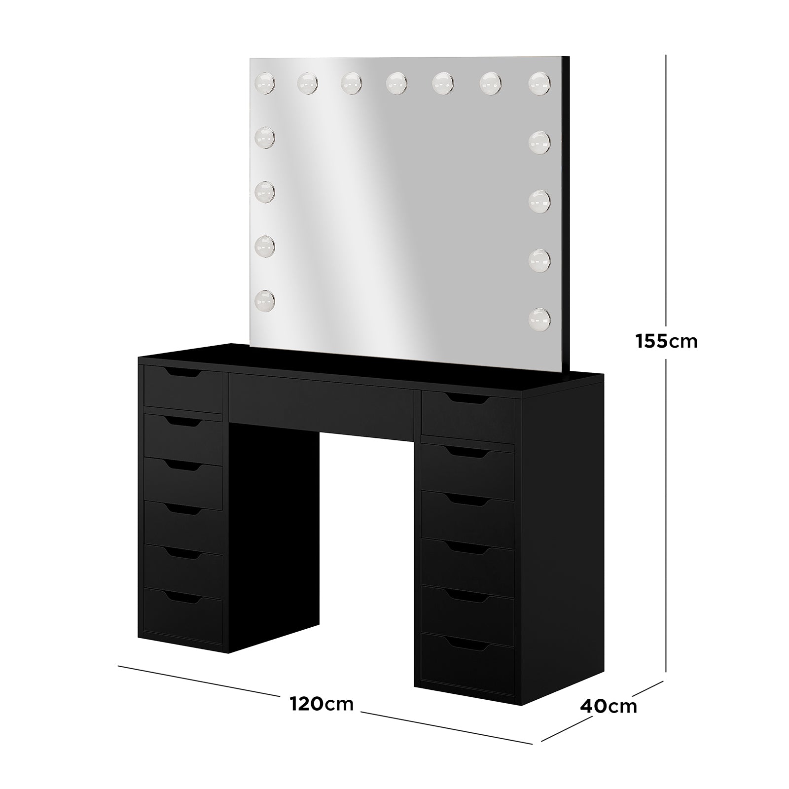 Jenna Hollywood LED Mirror Dressing Table - Black, featuring a sleek design with 13 drawers and a large mirror framed by LED bulbs, ideal for organized makeup application and storage.