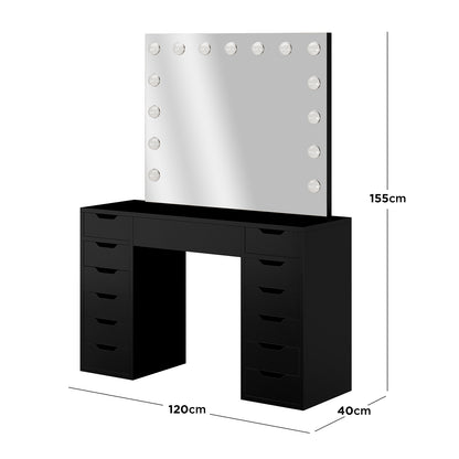 Jenna Hollywood LED Mirror Dressing Table - Black, featuring a sleek design with 13 drawers and a large mirror framed by LED bulbs, ideal for organized makeup application and storage.
