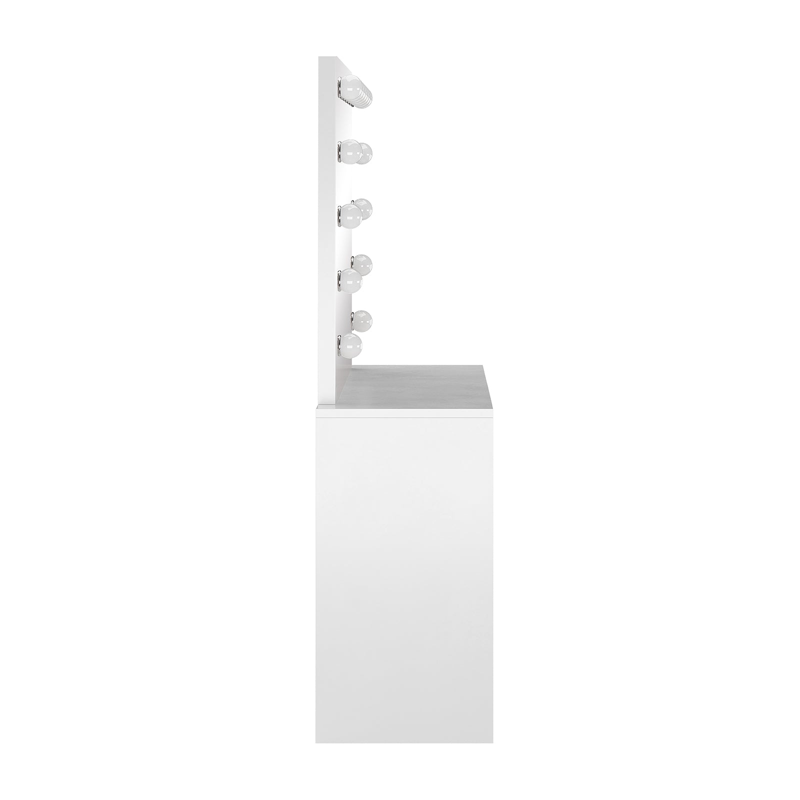 Jenna LED Mirror Dressing Table - Fluted White features a large mirror with 13 LED bulbs, touch-control lights, and ample drawer storage, ideal for a chic, organized vanity setup.