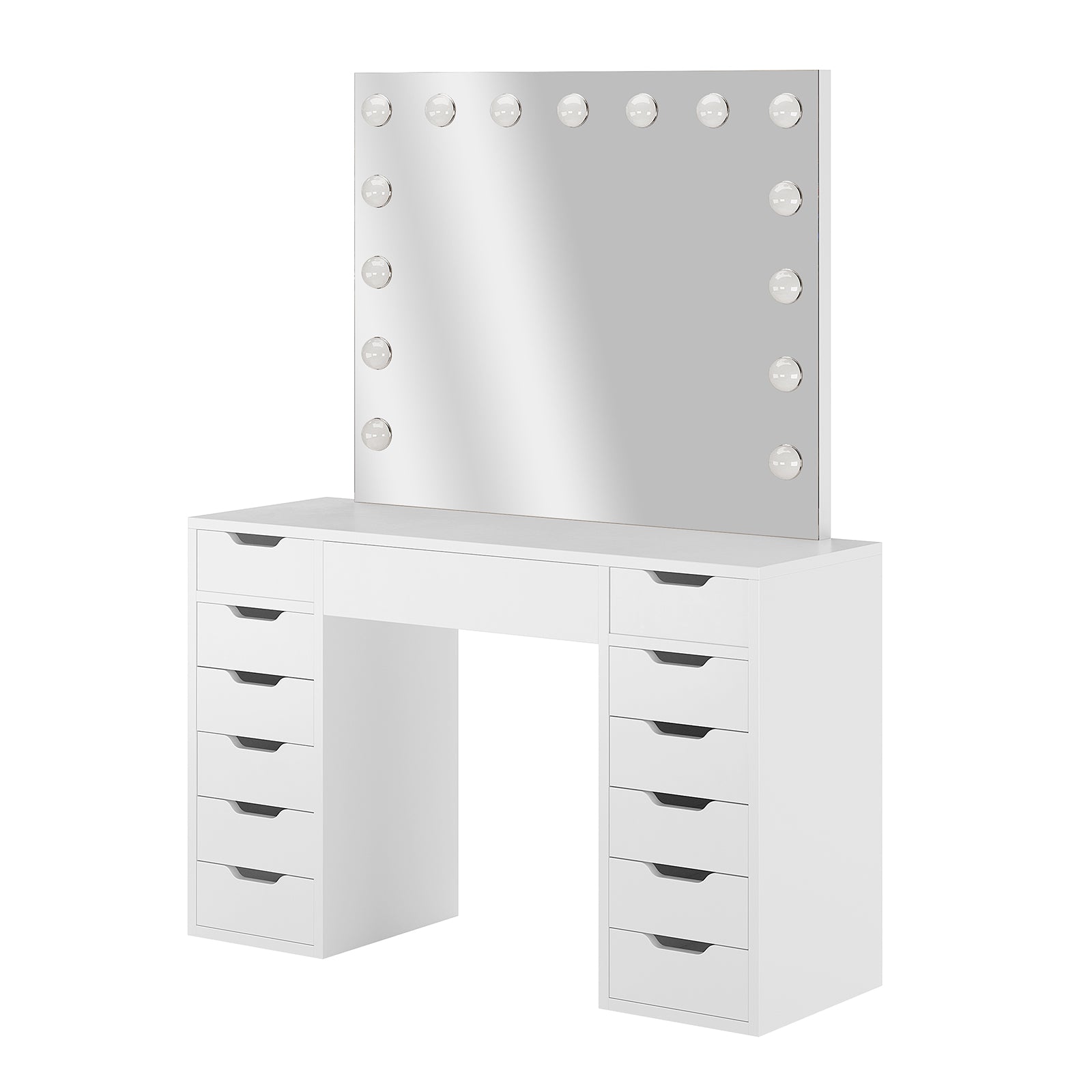 Jenna Hollywood LED Mirror Dressing Table - White features a sleek vanity with a large LED-lit mirror and ample drawer storage, designed for elegant and organized beauty routines.