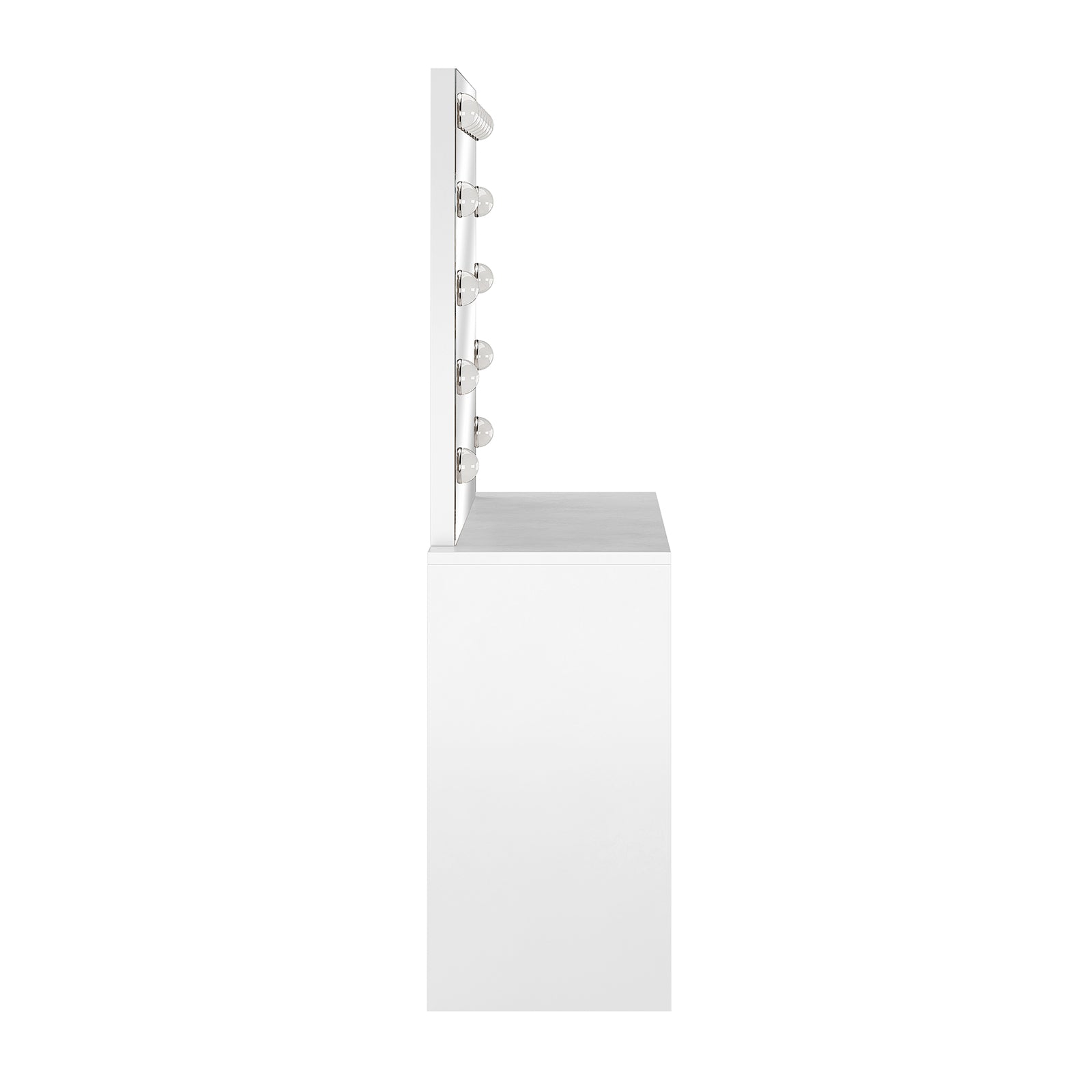 Jenna Hollywood LED Mirror Dressing Table - White features a sleek mirror with LED bulbs and a black-bordered frame, highlighting spacious drawer storage and integrated lighting for a stylish makeup station.