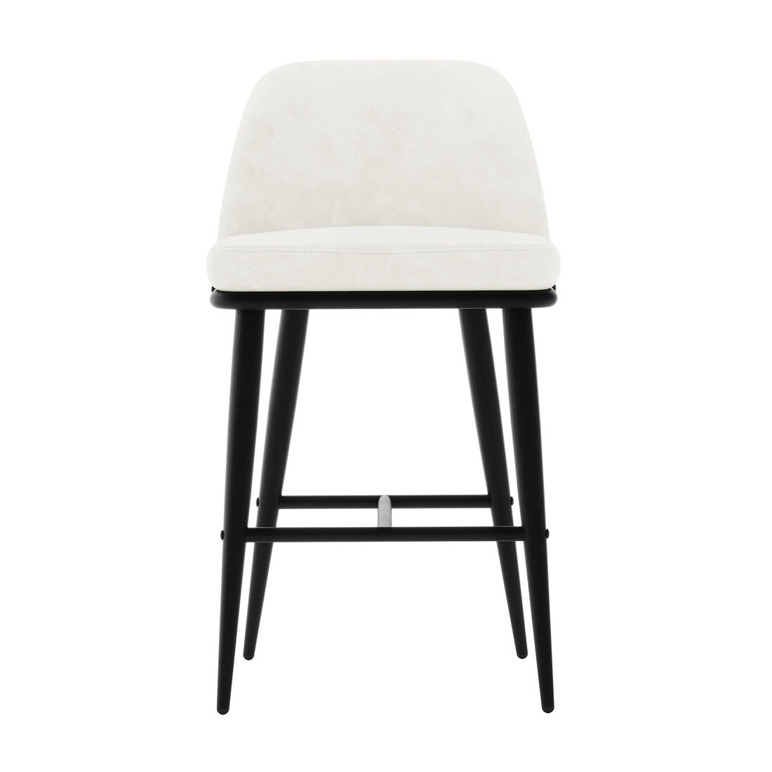 Jeremi Velvet Upholstered High-Back Bar Stool Set of 2 - Cream features a plush velvet seat with thick foam padding, black powder-coated steel legs, and anti-slip pads for stability and floor protection.