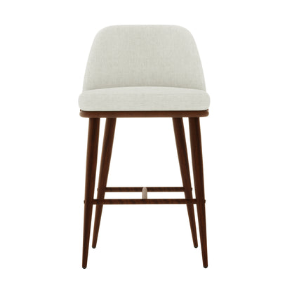 Jeremi High Back Linen Bar Stool Set of 2 in Wheat Walnut, featuring lightly upholstered off-white seats and low backs, supported by tapered dark-wood legs with stretchers as footrests, offering modern elegance.