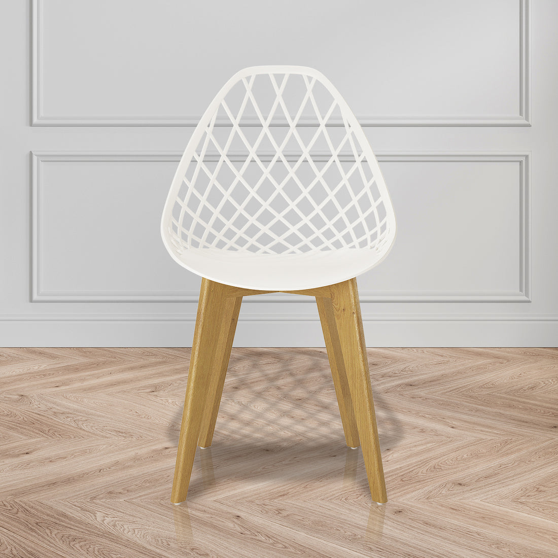 Jonah Beech Wood Dining Chair (Set of 4) - Cream White, featuring a sleek polypropylene seat, wooden legs, and ergonomic design, set elegantly in a room, showcasing its minimalistic and modern style.