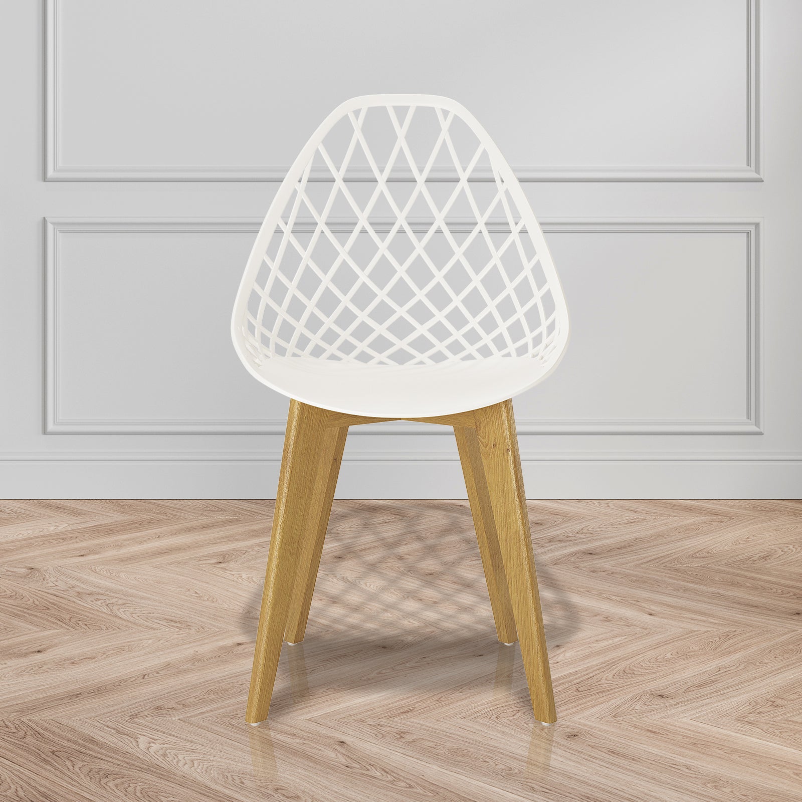 Jonah Beech Wood Dining Chair (Set of 4) - Cream White, featuring a sleek polypropylene seat, wooden legs, and ergonomic design, set elegantly in a room, showcasing its minimalistic and modern style.