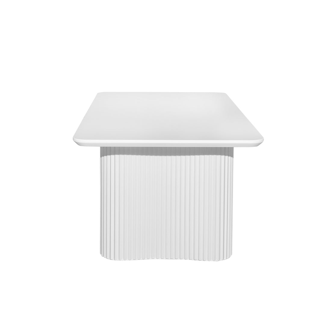 Joyce 120cm Coffee Table with Round Fluted Legs in White features a minimalist square tabletop on a sculptural pedestal base with closely spaced vertical ribs, enhancing modern and coastal-inspired interiors.