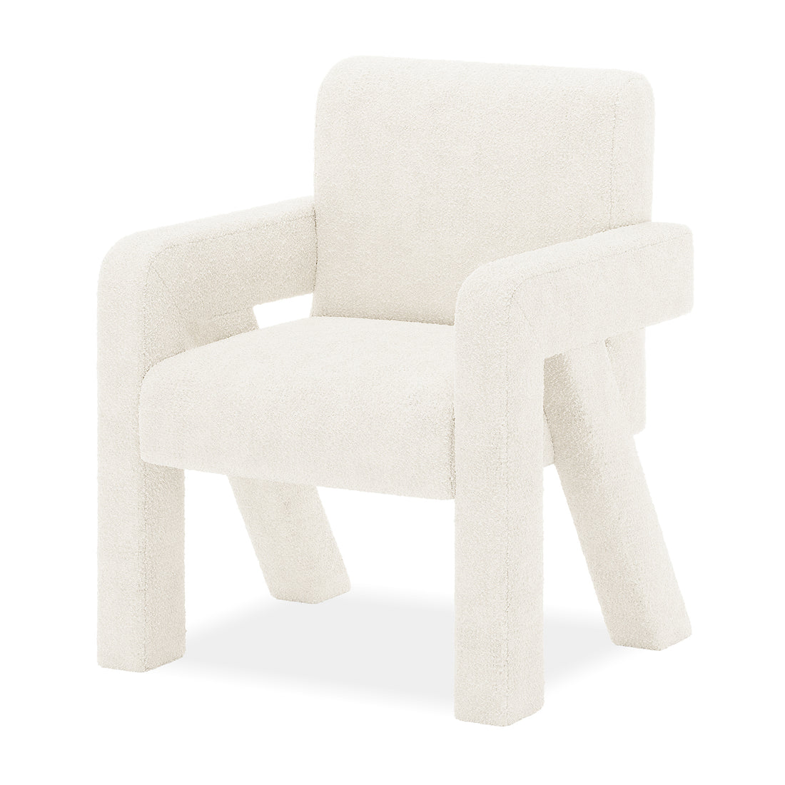 Julie Boucle Upholstered Accent Chair Cream White, featuring plush boucle fabric and thick foam padding, designed with a modern aesthetic. Ideal for various spaces, offering comfort and style.