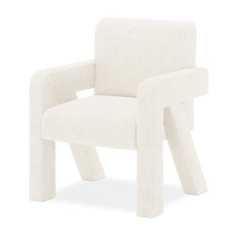 Julie Boucle Upholstered Accent Chair Cream White, featuring plush boucle fabric and thick foam padding, designed with a modern aesthetic. Ideal for various spaces, offering comfort and style.