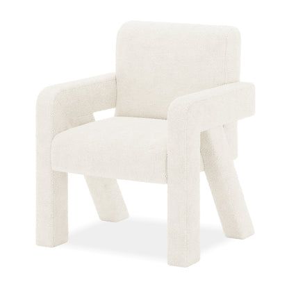 Julie Boucle Upholstered Accent Chair Cream White, featuring plush boucle fabric and thick foam padding, designed with a modern aesthetic. Ideal for various spaces, offering comfort and style.