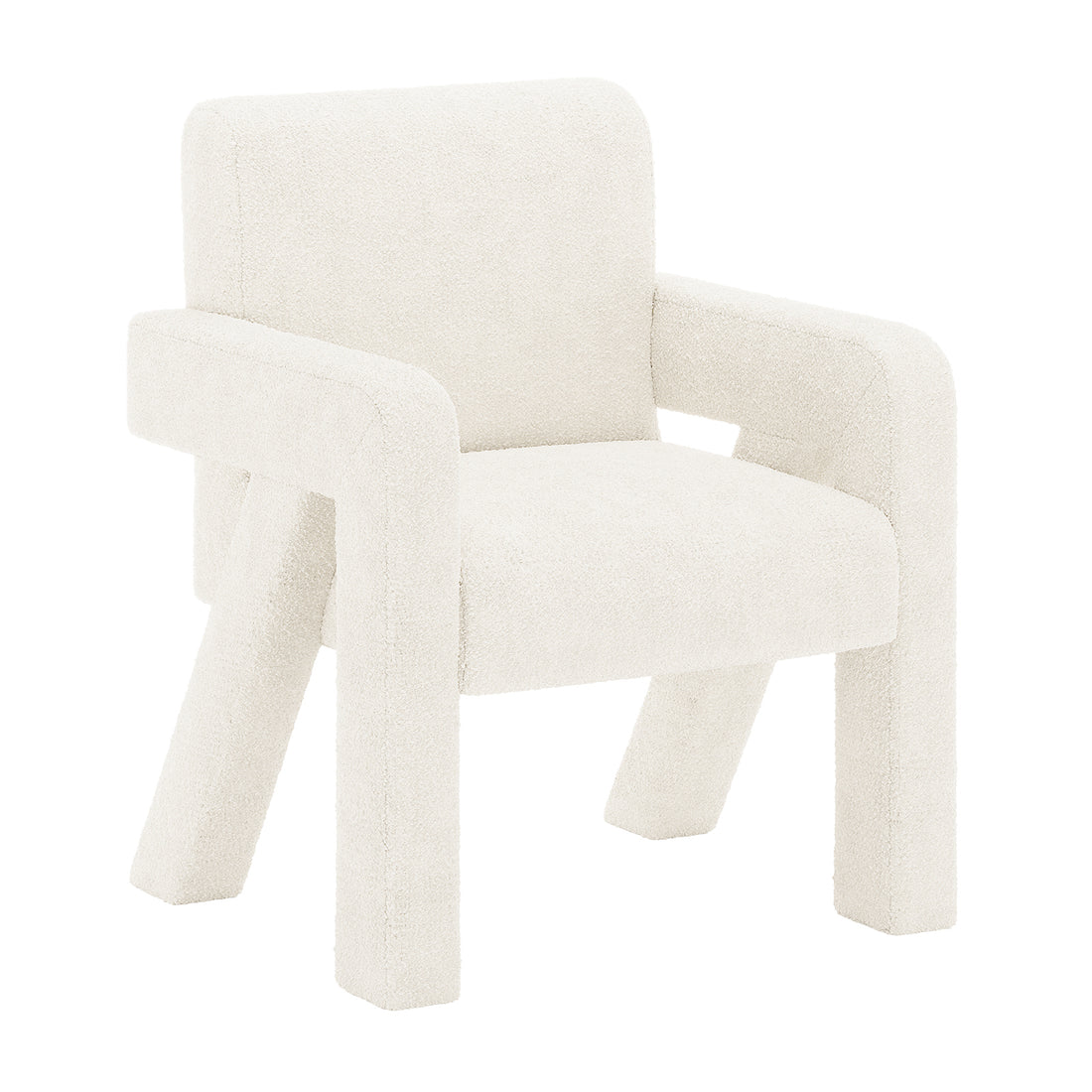 Julie Boucle Upholstered Accent Chair Cream White shown close-up, highlighting its soft boucle fabric, plush padding, and sturdy armrests, emphasizing modern design and comfort.