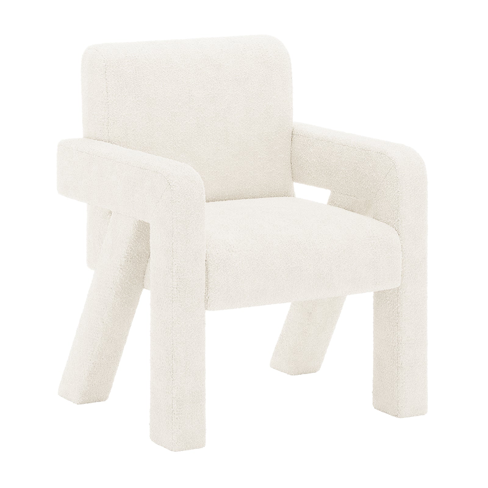 Julie Boucle Upholstered Accent Chair Cream White shown close-up, highlighting its soft boucle fabric, plush padding, and sturdy armrests, emphasizing modern design and comfort.