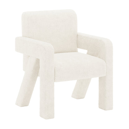 Julie Boucle Upholstered Accent Chair Cream White shown close-up, highlighting its soft boucle fabric, plush padding, and sturdy armrests, emphasizing modern design and comfort.