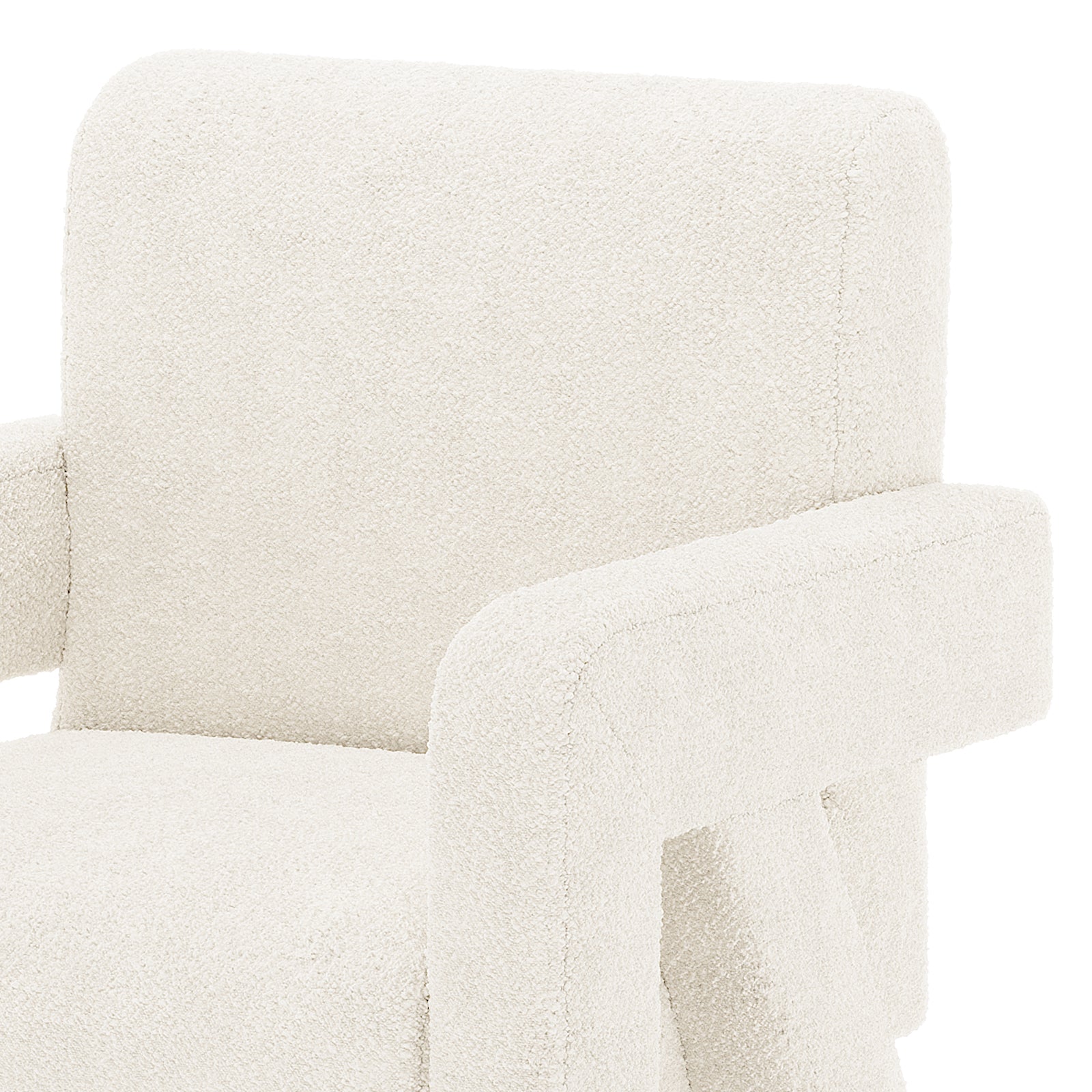 Julie Boucle Upholstered Accent Chair Cream White featuring armrests, plush boucle fabric, and thick foam padding, offering a modern and comfortable seating option with a sturdy engineered wood structure.