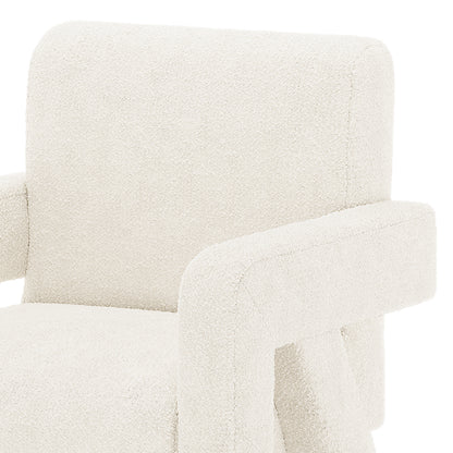 Julie Boucle Upholstered Accent Chair Cream White featuring armrests, plush boucle fabric, and thick foam padding, offering a modern and comfortable seating option with a sturdy engineered wood structure.