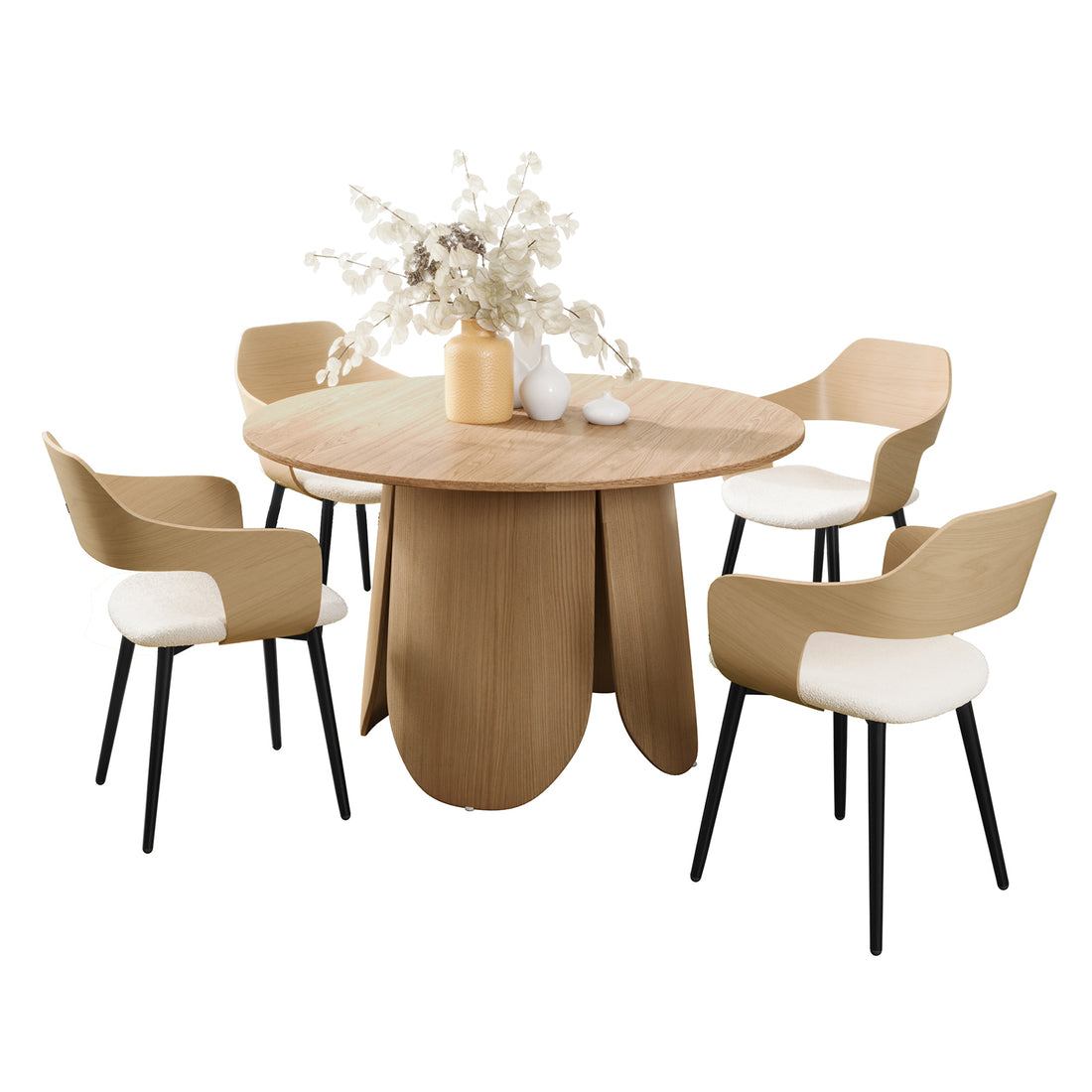 Close-up of the Kaylani & Winfield 5-Piece Wooden Dining Set with Boucle Chairs, highlighting the table's rustic design and modern boucle chairs, perfect for a cozy dining atmosphere.