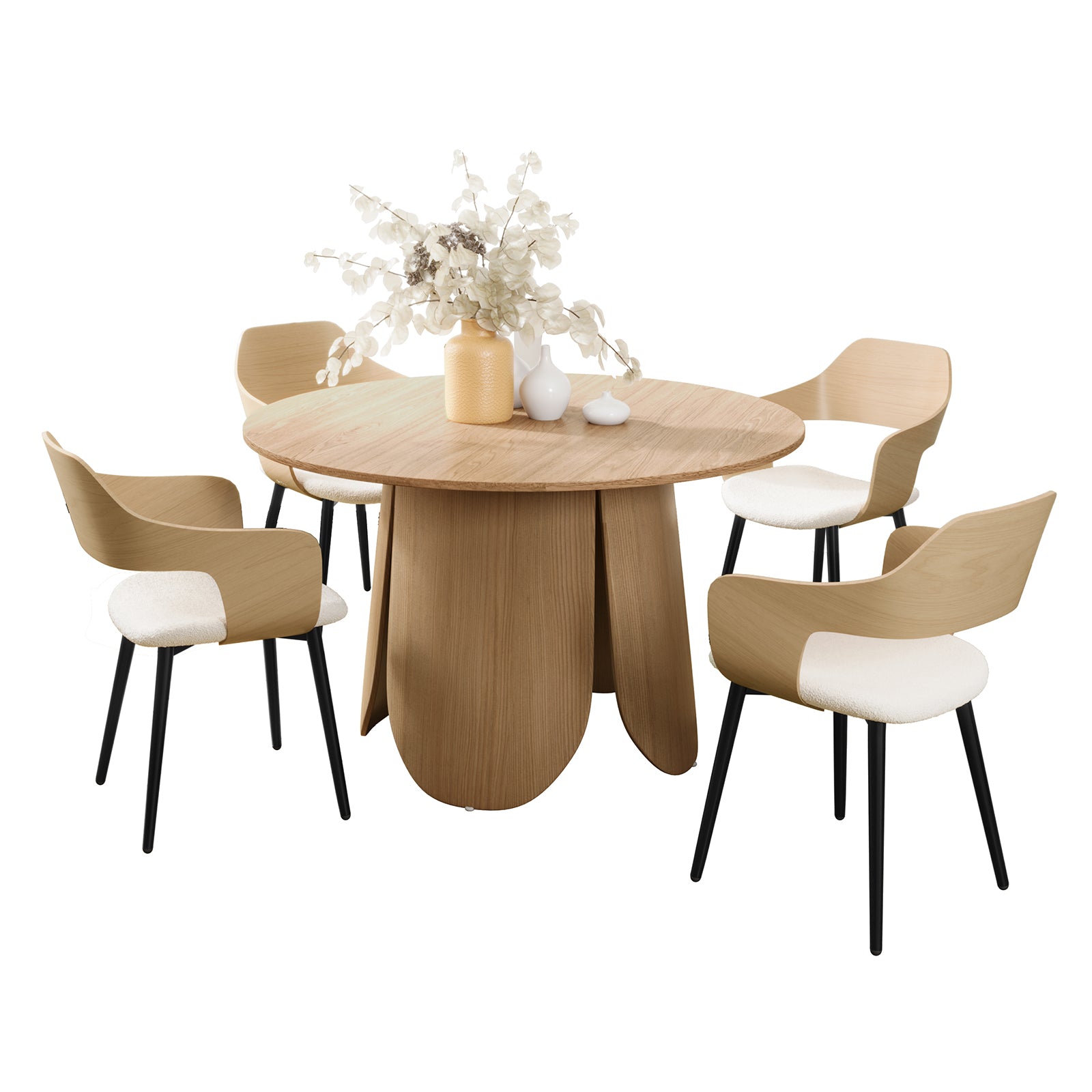 Close-up of the Kaylani & Winfield 5-Piece Wooden Dining Set with Boucle Chairs, highlighting the table's rustic design and modern boucle chairs, perfect for a cozy dining atmosphere.