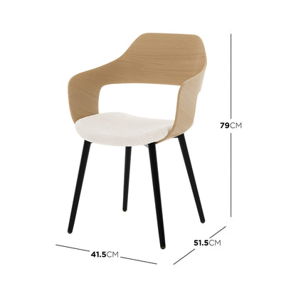 Kaylani & Winfield 5-Piece Wooden Dining Set featuring a round table and cream white boucle chairs, showcasing rustic oak finish and modern design elements for a cozy dining experience.