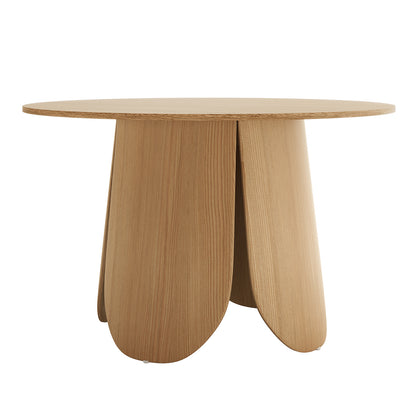 Kaylani & Winfield 5-Piece Wooden Dining Set features a round veneer table with a rustic finish and modern cream white boucle chairs, combining farmhouse charm and contemporary design elements.