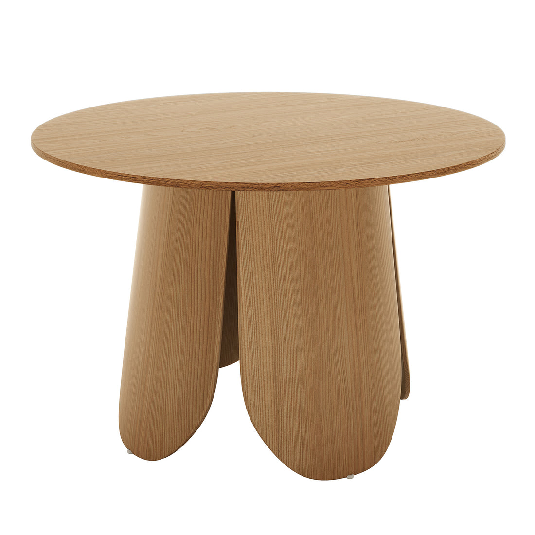 Kaylani & Winfield 5-Piece Wooden Dining Set features a round wooden table with four legs and cream white boucle chairs, offering a cozy, modern dining experience.